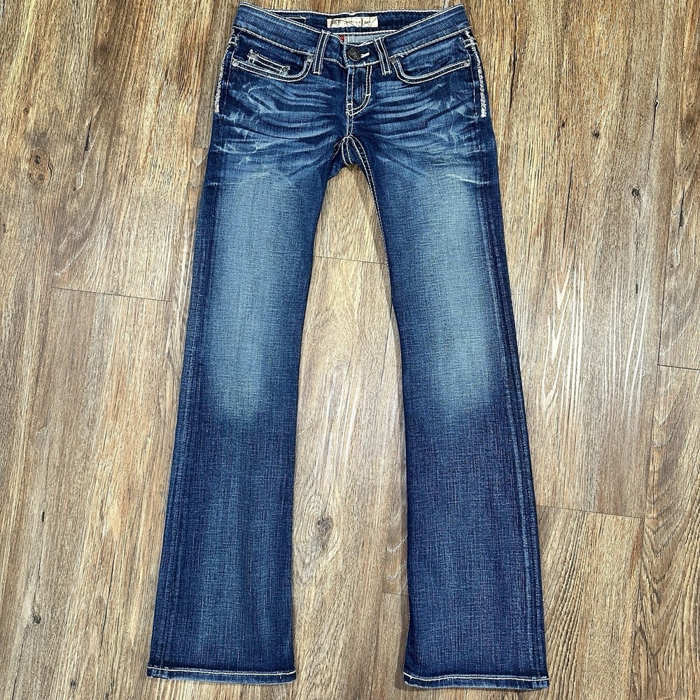 BKE Stella Boot Jeans Y2K Womens 24x31.5 Low Rise Stretch Bling Flap Pockets - Picture 1 of 14